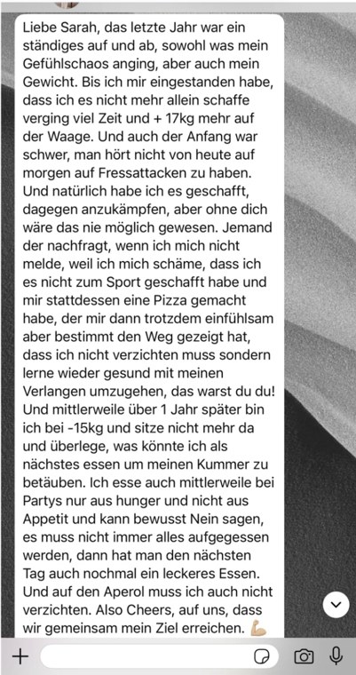 WhatsApp-Nachricht: minus 15 kg nach einem Jahr Coaching