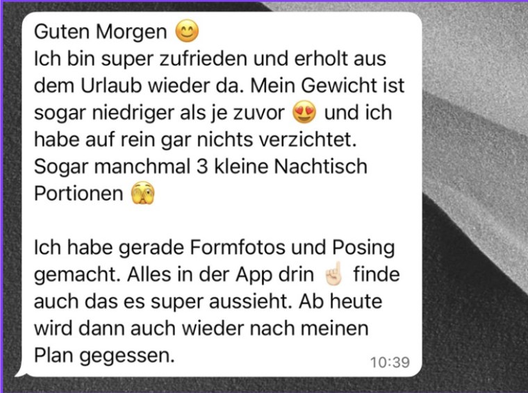 WhatsApp-Nachricht einer Kundin: Fortschritt trotz Eis und Genuss