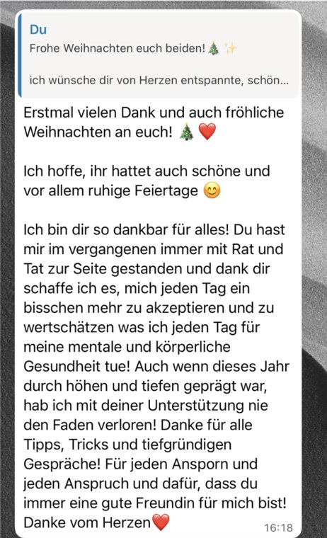 WhatsApp-Nachricht: Dankbarkeit nach einem Jahr Coaching
