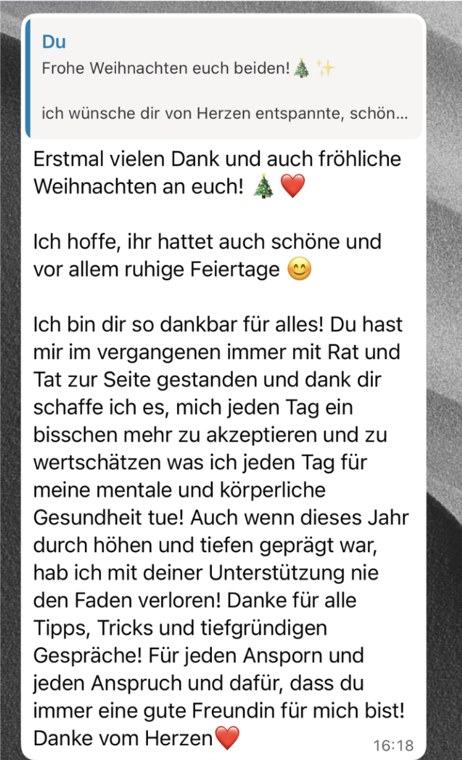 WhatsApp-Nachricht: Dankbarkeit nach einem Jahr Coaching
